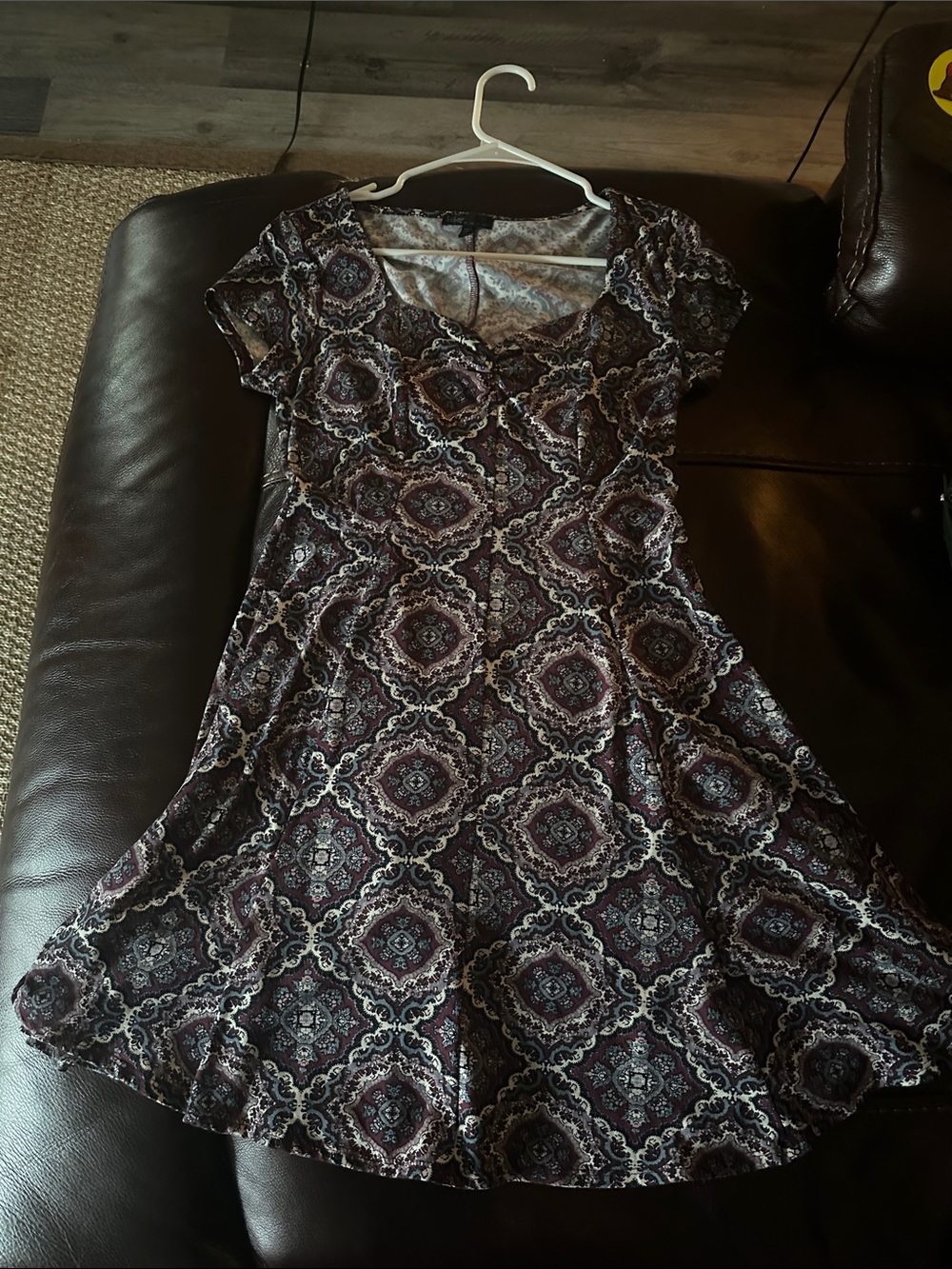 BeBop Short Sleeve Fit-and-Flare Dress in Black and Gray Medallion Print